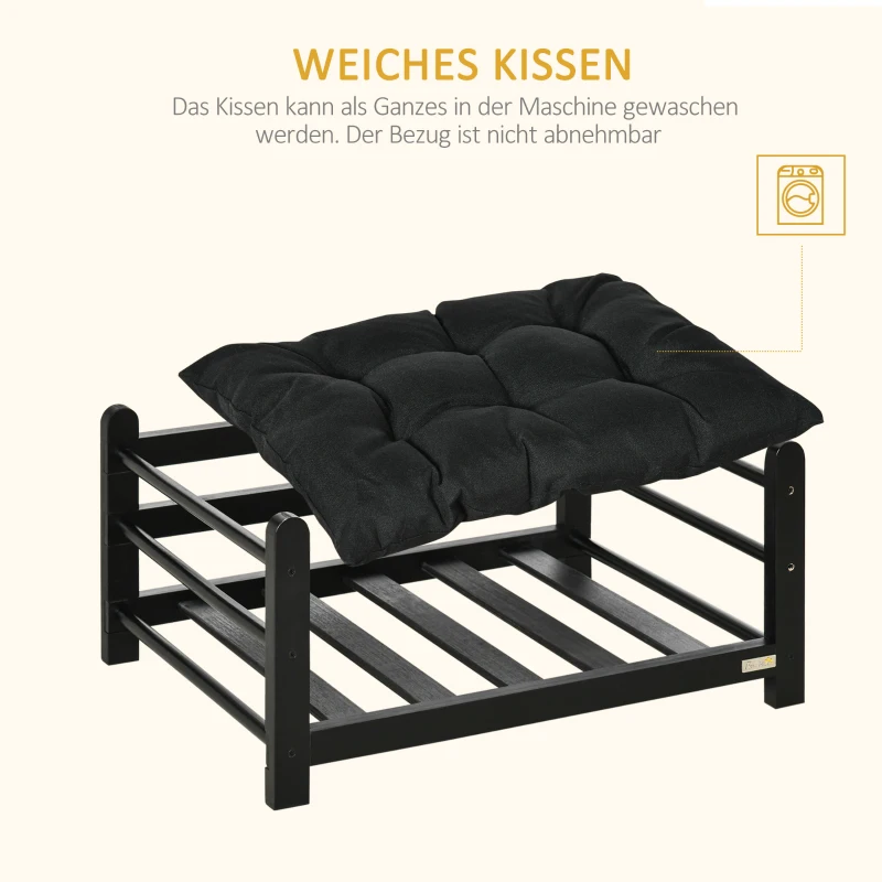 PawHut Erhöhtes Hundebett mit Kissen Hundesofa Holzrahmen Haustierbett Katzensofa Katzenbett Hundeschlafplatz für kleine Hunde Schwarz 65 x 51 x 32 cm