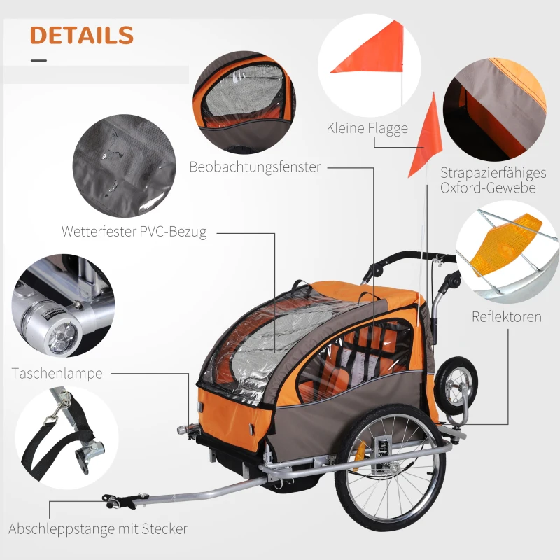 HOMCOM Kinderanhänger Fahrradanhänger einklappbar mit Universalkupplung 155 x 88 x 108cm Stahl Orange