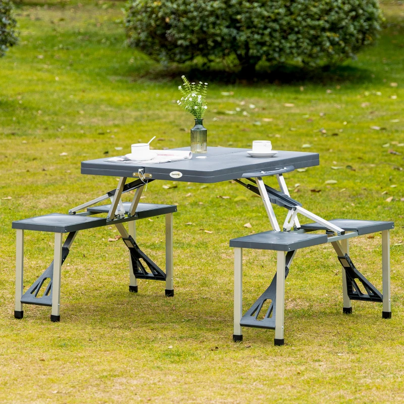 Outsunny Folding Picnic Table and Chair Set Portable Camping Hiking Dining Furniture with Four Chairs, Aluminium Frame and Suitcase for BBQ Party Outdoor Garden