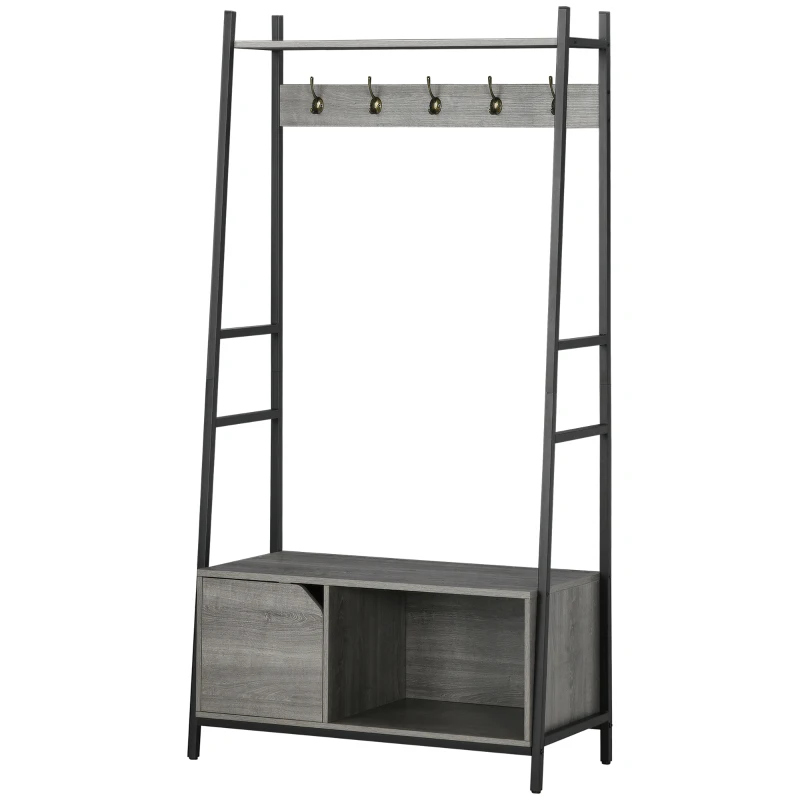 HOMCOM Coat Rack Stand, Shoe Bench with 5 Hooks and Storage Cabinet, Freestanding Metal Frame Hall Tree for Hallway, Grey