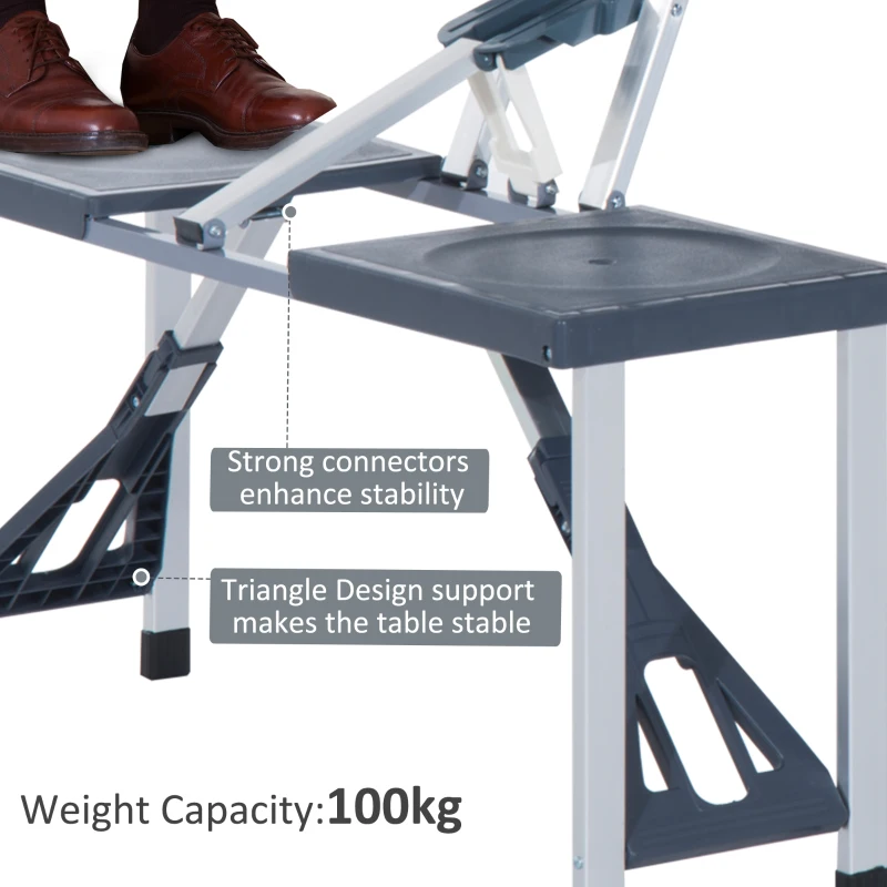 Outsunny Folding Picnic Table and Chair Set Portable Camping Hiking Dining Furniture with Four Chairs, Aluminium Frame and Suitcase for BBQ Party Outdoor Garden