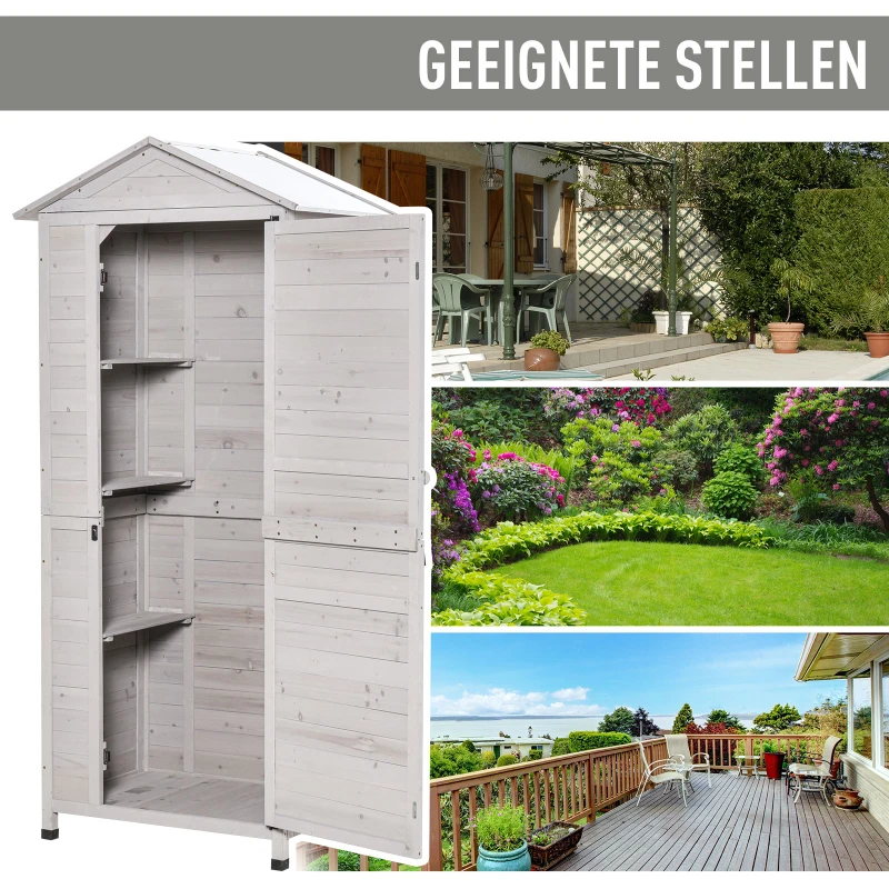Outsunny Gartenschrank Holz Geräteschuppen Gerätehaus Gartenhaus mit Regalböden Asphaltdach Hellgrau 90 x 63 x 200 cm