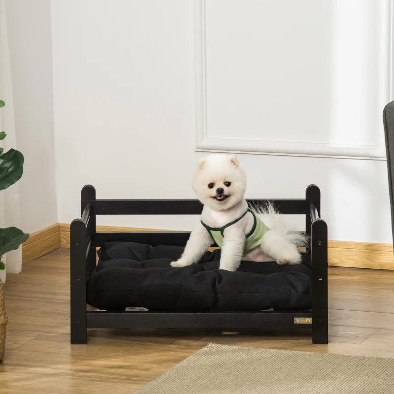 PawHut Erhöhtes Hundebett mit Kissen Hundesofa Holzrahmen Haustierbett Katzensofa Katzenbett Hundeschlafplatz für kleine Hunde Schwarz 65 x 51 x 32 cm