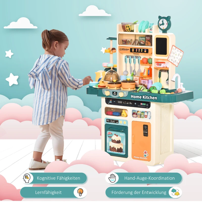 HOMCOM kinderkeuken keukenspeelgoed met toebehoren 113 – delig speelkeuken muziekfuncties speelgoedset speelgoedkeuken voor 3-6 jaar PP kunststof ABS beige + groen 70 x 32 x 92,2 cm