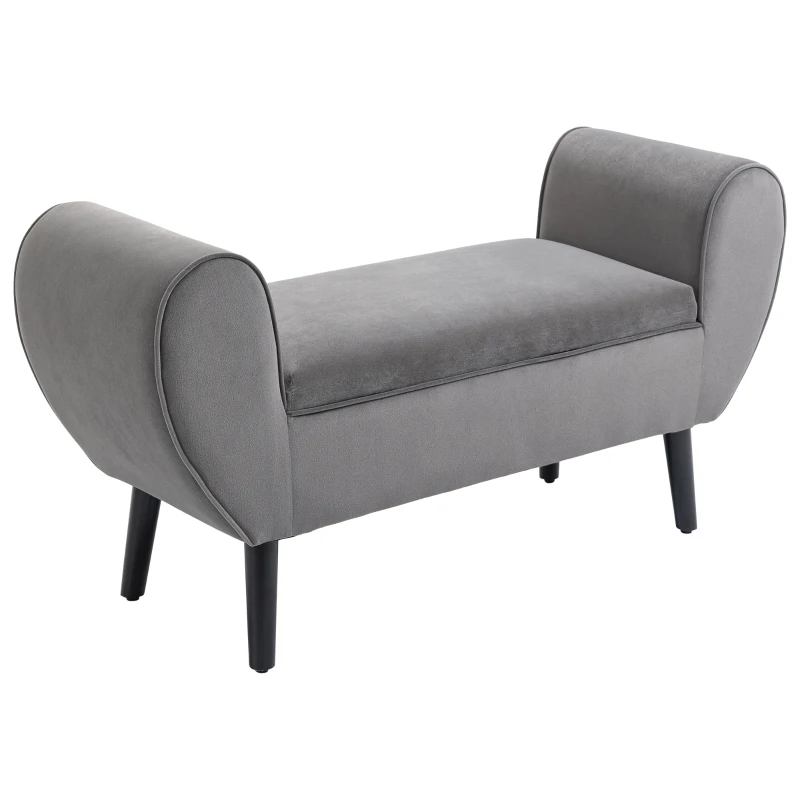 HOMCOM bank gestoffeerde bank met opbergruimte armleuningen borstbank moderne gang slaapkamer woonkamer fluweelzacht polyester rubber hout grijs 118 x 42 x 66 cm