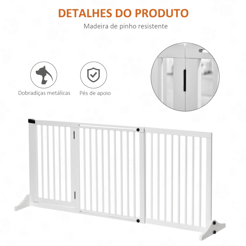 PawHut Barreira de Segurança Extensível 3 Peças com Estrutura de Madeira e Suporte de Pé 113-166x36x71cm Branco