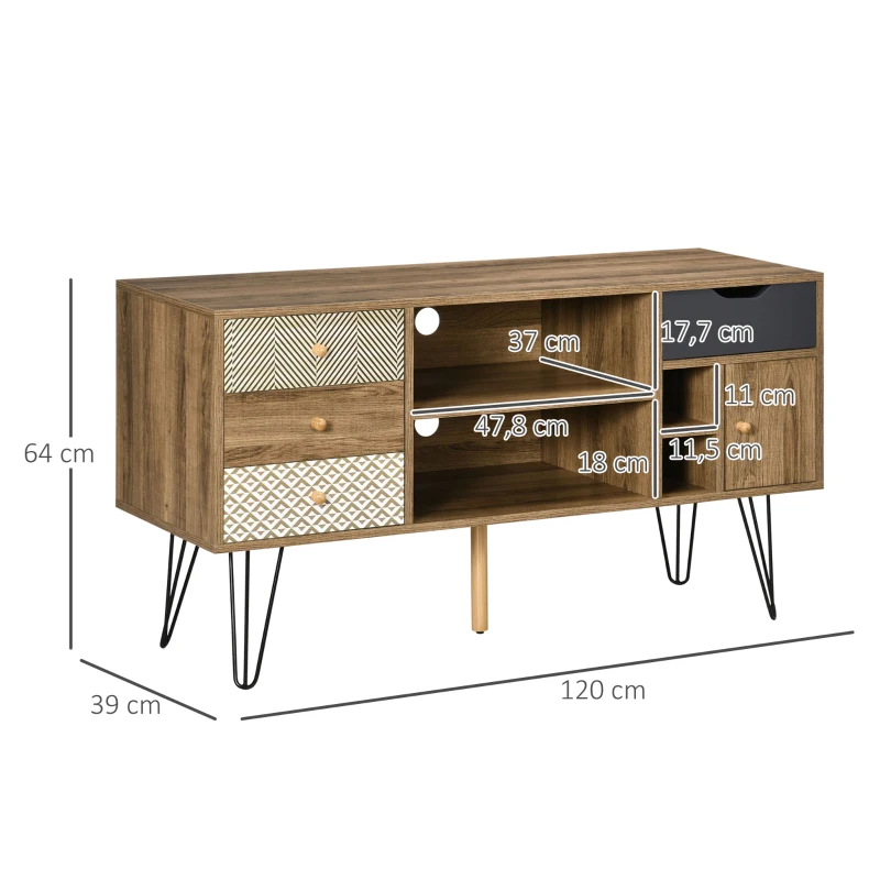 HOMCOM Móvel de TV com Prateleira de Armazenamento 4 Gavetas e Pés de Metal para Televisores de até 50 Polegadas 120x39x64cm Marrom