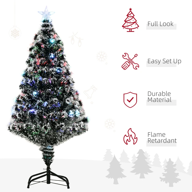 HOMCOM 4ft Artificial Prelit Christmas Tree, Snow Xmas Tree with Colourful LED Lighting Fiber Optics, Green White