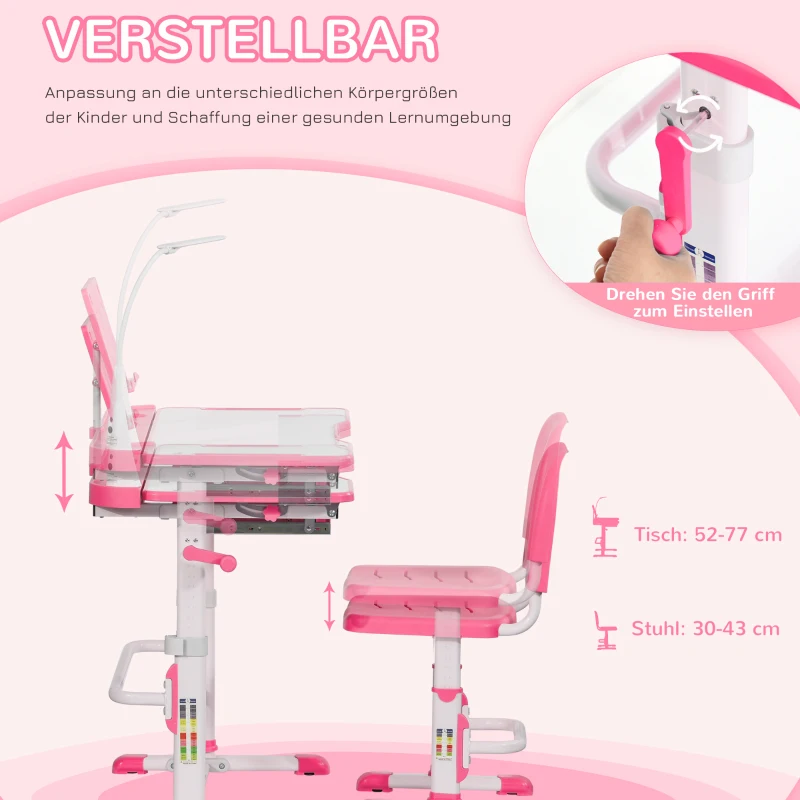 HOMCOM Kinderschreibtisch Set mit Lampe höhenverstellbar Schülerschreibtisch mit Stuhl Schreibtisch vollständig ausgestattet neigbar für 6-12 Jahre Stahl Rosa 80 x 49,5 x 80-105 cm