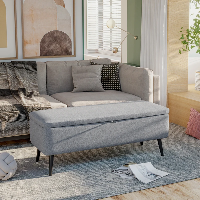 HOMCOM Banco de Armazenamento Estofado em Linho com Tampa Abatível e Pés de Aço Carga Máxima 150kg 101x38,5x44,5 cm Cinza