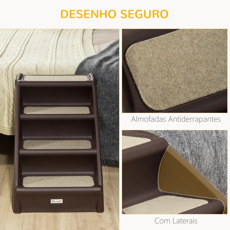 PawHut Escada Dobrável para Animais de Estimação de 4 Degraus  Portátil com Tapetes Antiderrapantes 62x38x49,5cm Marrom Escuro