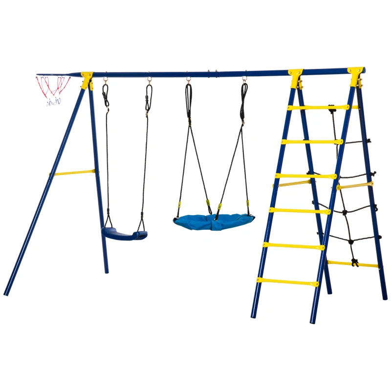 Outsunny Kinderschaukel Gartenschaukel mit Metallgestell Netzschaukel Schaukelgerüst Schaukelset Doppelschaukel mit Kletterleiter bis 4 Kinder 3-10 Jahre 285 x 138 x 175 cm