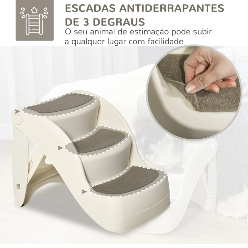 PawHut Escada para Cães de 3 Degraus Dobrável Escada para Animais de Estimação com Tapetes Antiderrapantes 49x38x38cm Creme