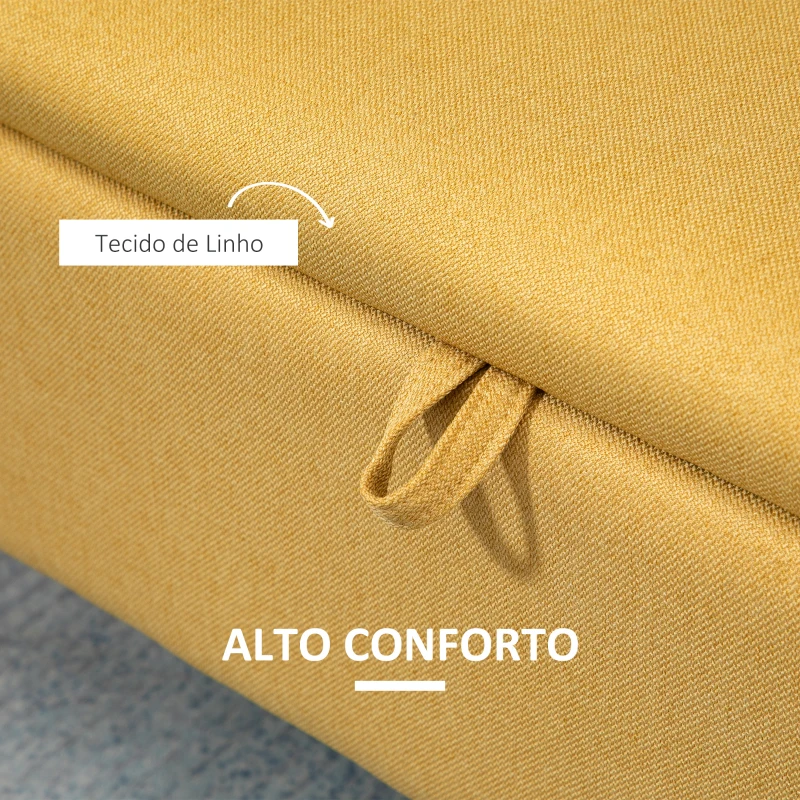 HOMCOM Banco de Armazenamento Estofado em Linho com Tampa Abatível e Pés de Aço Carga Máxima 150kg 101x38,5x44,5 cm Amarelo