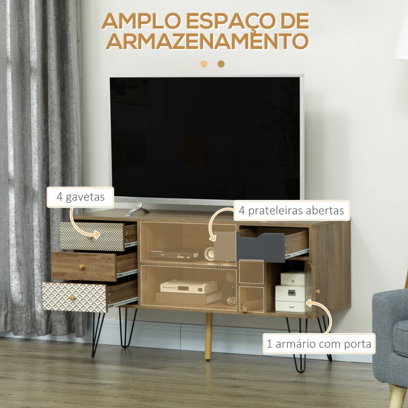 HOMCOM Móvel de TV com Prateleira de Armazenamento 4 Gavetas e Pés de Metal para Televisores de até 50 Polegadas 120x39x64cm Marrom