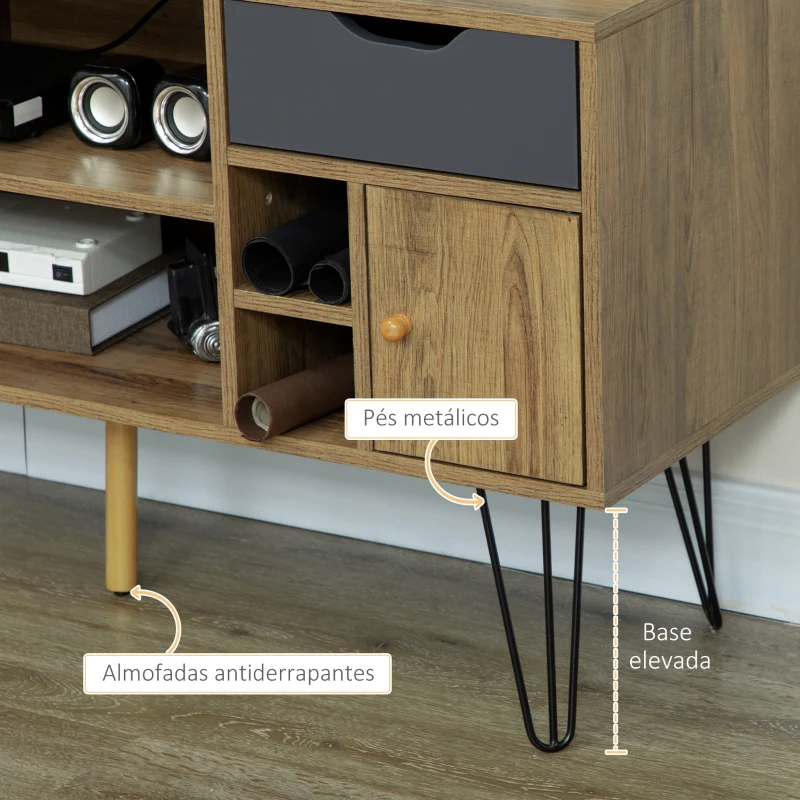 HOMCOM Móvel de TV com Prateleira de Armazenamento 4 Gavetas e Pés de Metal para Televisores de até 50 Polegadas 120x39x64cm Marrom