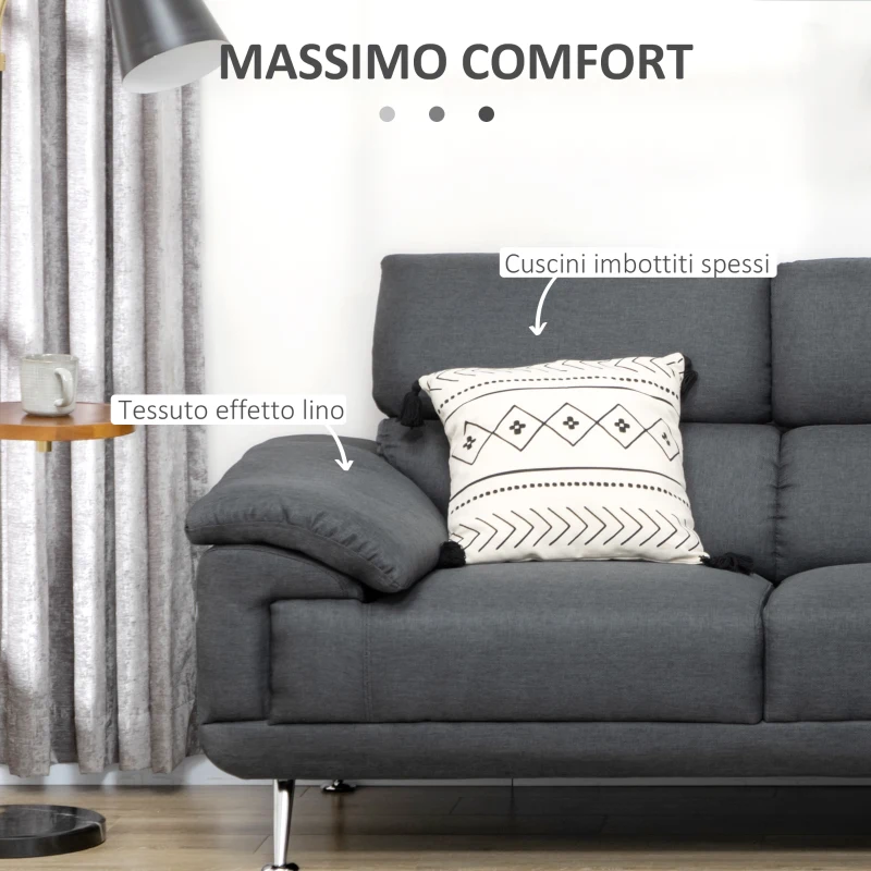 HOMCOM Divano Angolare 3 Posti in Tessuto con Poggiatesta Regolabili, 249.5x162.5x95cm, Grigio Scuro