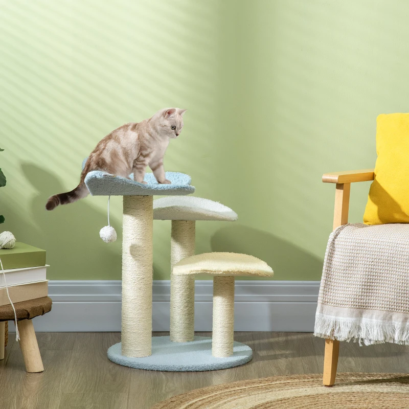PawHut Indoor Cat Tree, with Sisal Scratching Post, Toy Ball - Blue and Cream