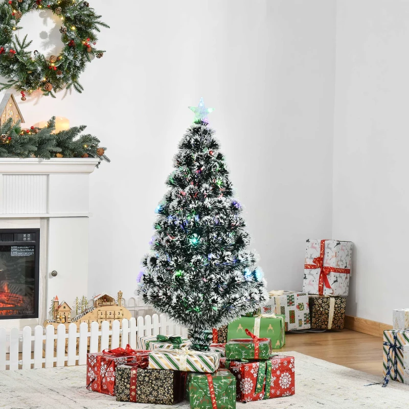 HOMCOM 4ft Artificial Prelit Christmas Tree, Snow Xmas Tree with Colourful LED Lighting Fiber Optics, Green White
