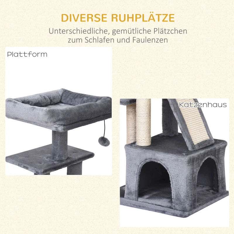 PawHut Kratzbaum Kletterbaum Katzenkratzbaum Katzenbaum Katzenmöbel mit Sisalsäule Katzenhaus Plüsch Grau 50 x 40 x 114 cm