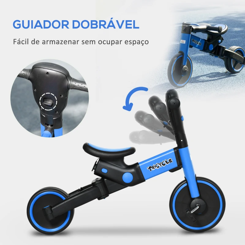 HOMCOM Triciclo Infantil 4 em 1 com Guiador Ajustável e Desmontável Estrutura de Liga de Alumínio 101x45x76,2-98,8cm Azul