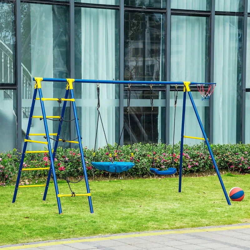 Outsunny Kinderschaukel Gartenschaukel mit Metallgestell Netzschaukel Schaukelgerüst Schaukelset Doppelschaukel mit Kletterleiter bis 4 Kinder 3-10 Jahre 285 x 138 x 175 cm
