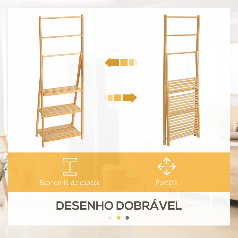 kleankin Toalheiro de Pé de Bambu com 3 Barras Toalheiro Dobrável com 3 Prateleiras de Armazenamento 53x30,5x152cm Madeira