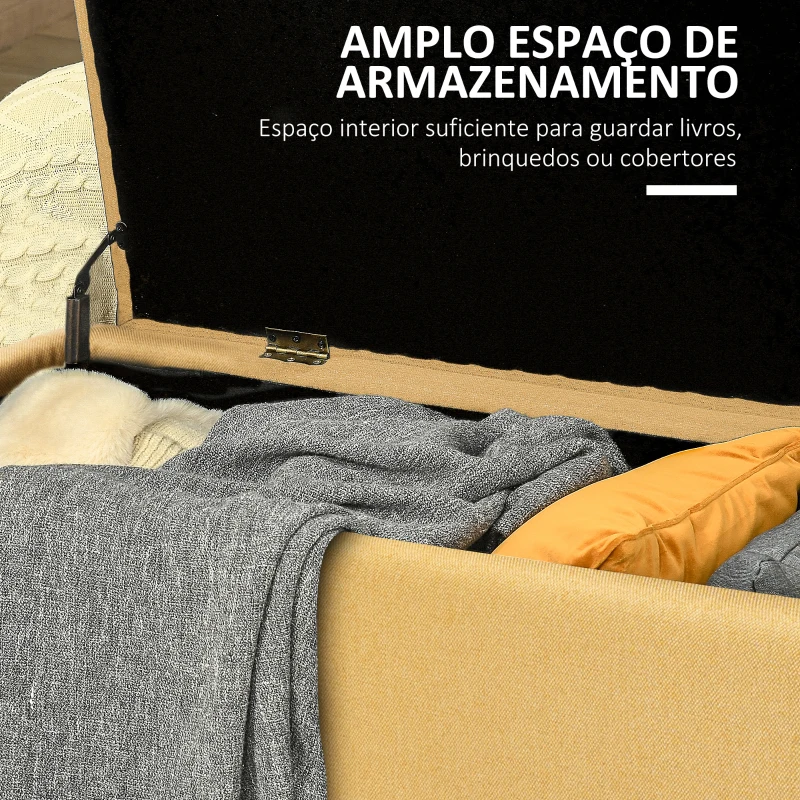 HOMCOM Banco de Armazenamento Estofado em Linho com Tampa Abatível e Pés de Aço Carga Máxima 150kg 101x38,5x44,5 cm Amarelo