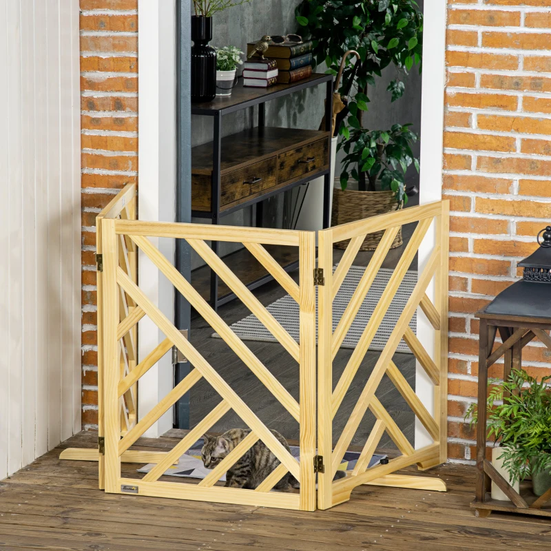 PawHut Barreira de Segurança Dobrável para Cães para Escadas e Portas de 3 Painéis com Base Antiderrapante 181x35x76cm Madeira