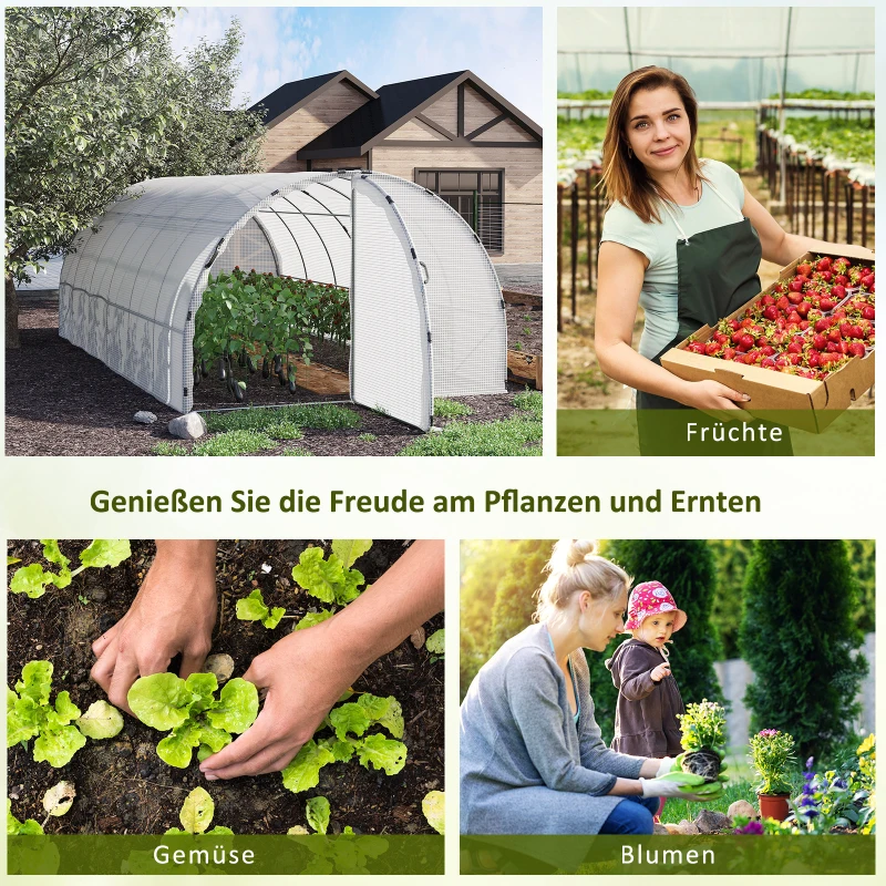 Outsunny Foliengewächshaus begehbares Gewächshaus 570 x 292 x 195 cm Gartentunnel Folientunnel Tunnelgewächshaus Treibhaus Garten Metall Weiß
