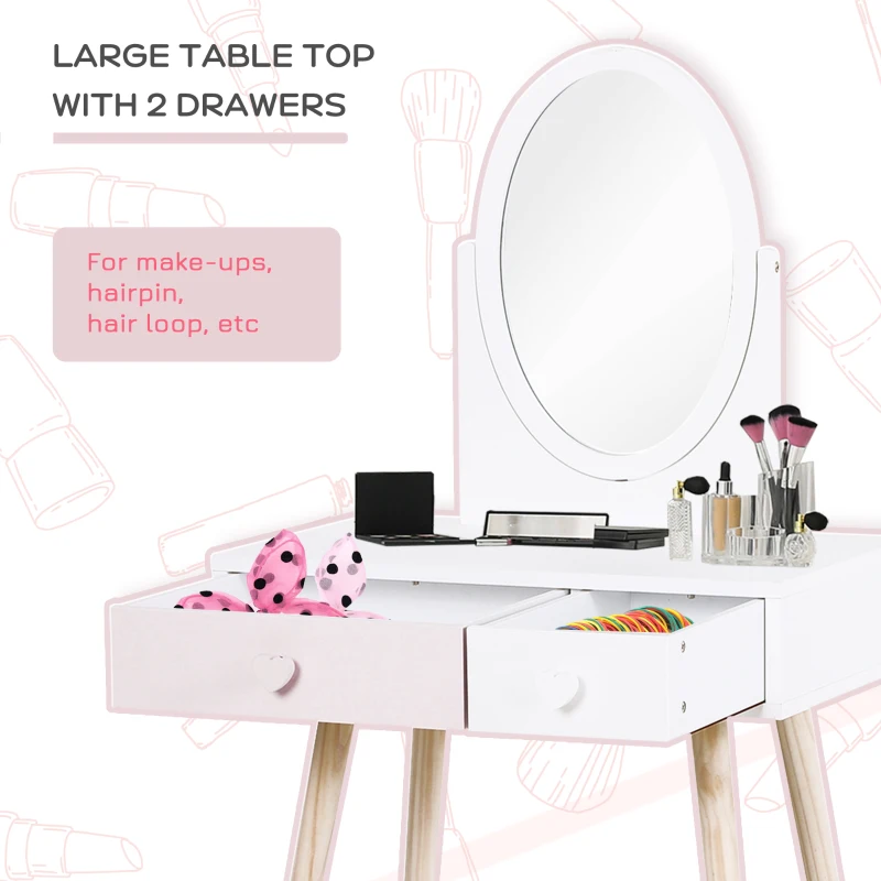HOMCOM Kids MDF Dressing Table w/ Heart-Shaped Handles White
