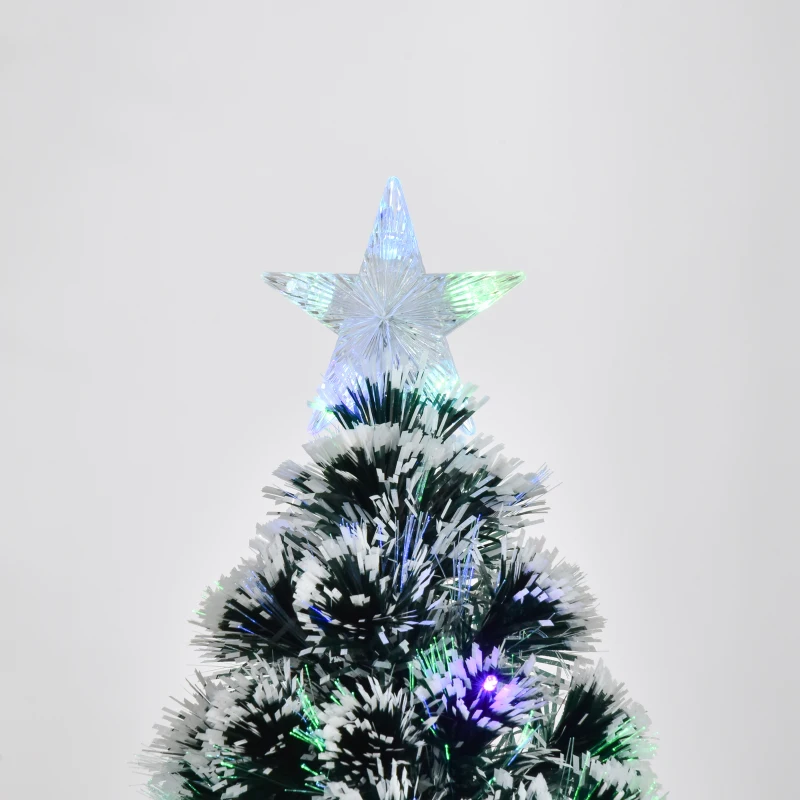 HOMCOM 4ft Artificial Prelit Christmas Tree, Snow Xmas Tree with Colourful LED Lighting Fiber Optics, Green White