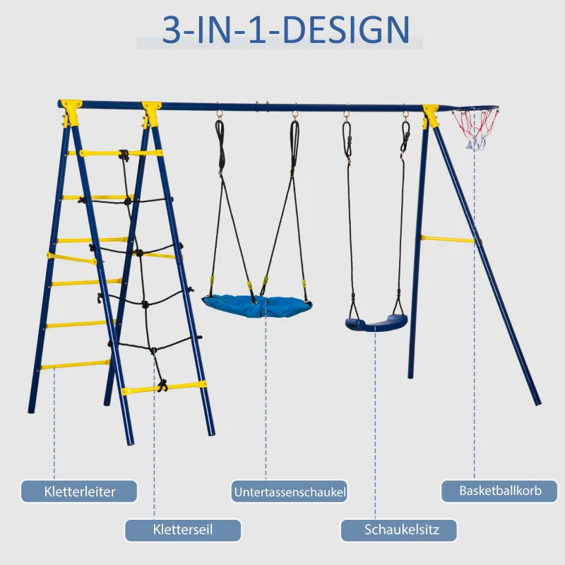 Outsunny Kinderschaukel Gartenschaukel mit Metallgestell Netzschaukel Schaukelgerüst Schaukelset Doppelschaukel mit Kletterleiter bis 4 Kinder 3-10 Jahre 285 x 138 x 175 cm