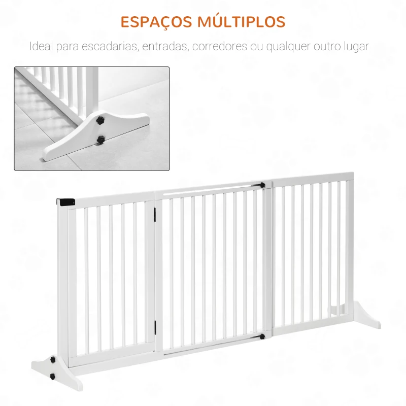 PawHut Barreira de Segurança Extensível 3 Peças com Estrutura de Madeira e Suporte de Pé 113-166x36x71cm Branco