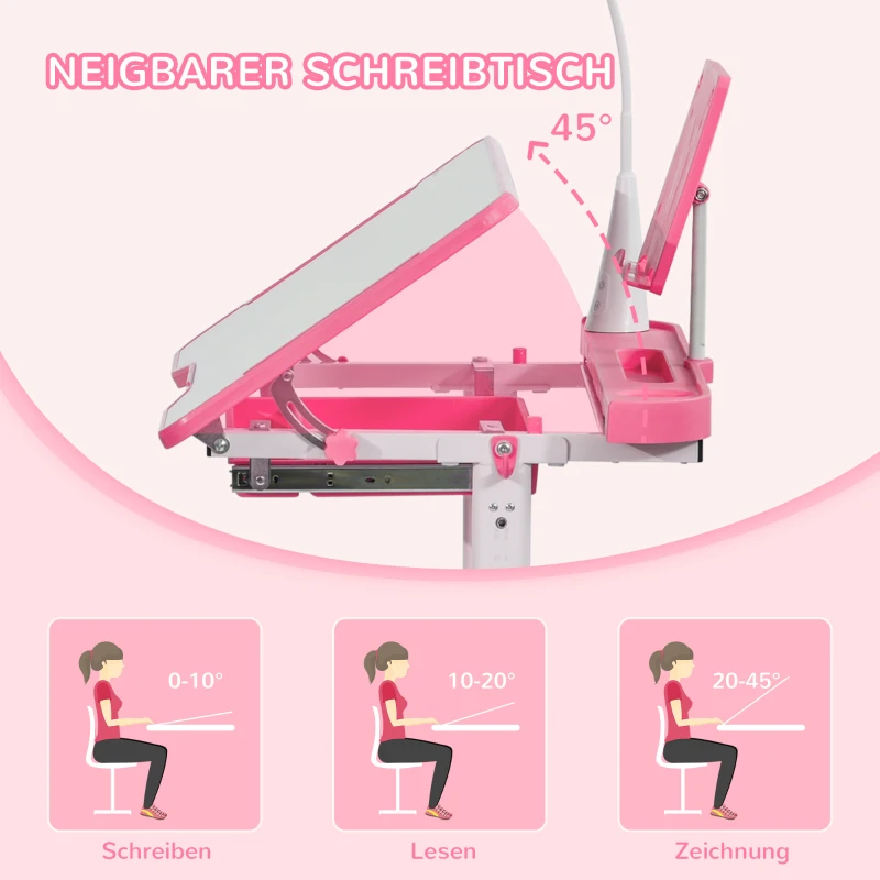 HOMCOM Kinderschreibtisch Set mit Lampe höhenverstellbar Schülerschreibtisch mit Stuhl Schreibtisch vollständig ausgestattet neigbar für 6-12 Jahre Stahl Rosa 80 x 49,5 x 80-105 cm