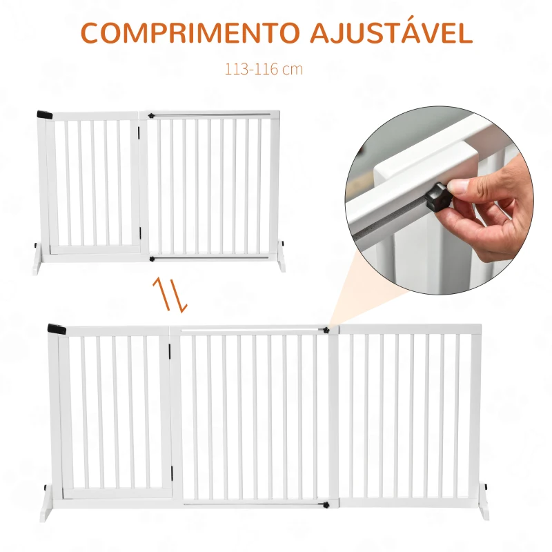 PawHut Barreira de Segurança Extensível 3 Peças com Estrutura de Madeira e Suporte de Pé 113-166x36x71cm Branco