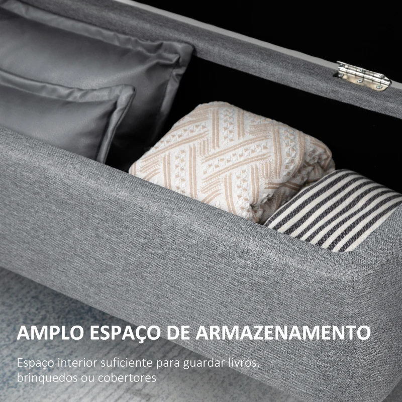 HOMCOM Banco de Armazenamento Estofado em Linho com Tampa Abatível e Pés de Aço Carga Máxima 150kg 101x38,5x44,5 cm Cinza