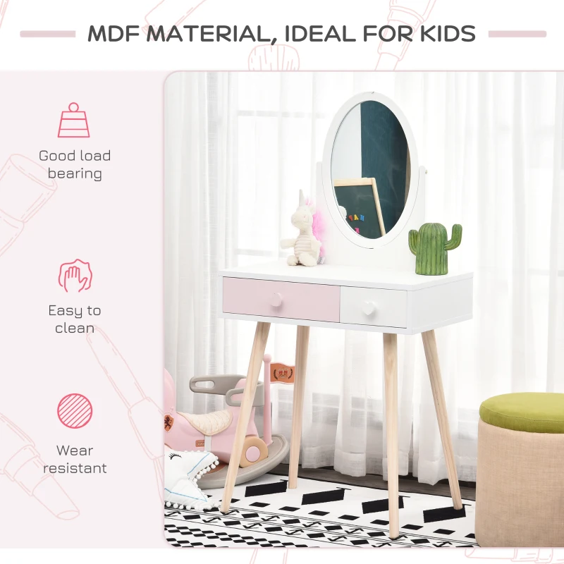 HOMCOM Kids MDF Dressing Table w/ Heart-Shaped Handles White