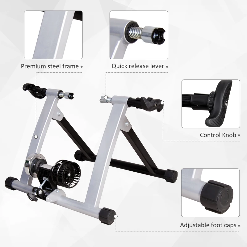 HOMCOM Turbo Trainer Magnetic Bike Trainer Indoor Exercise Bike Trainer Stand Magnetic Resistance Bicycle Training Stand for Mountain & Road Bikes 26'' to 28'' and 700C Wheels, Sliver