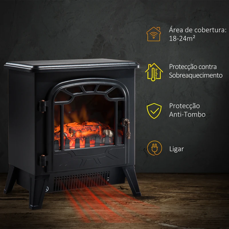 HOMCOM Lareira Elétrica com Efeito de Chama Realista Potência 900W/1800W para Ambientes entre 18-24m² 36x25,5x41,5cm Preto