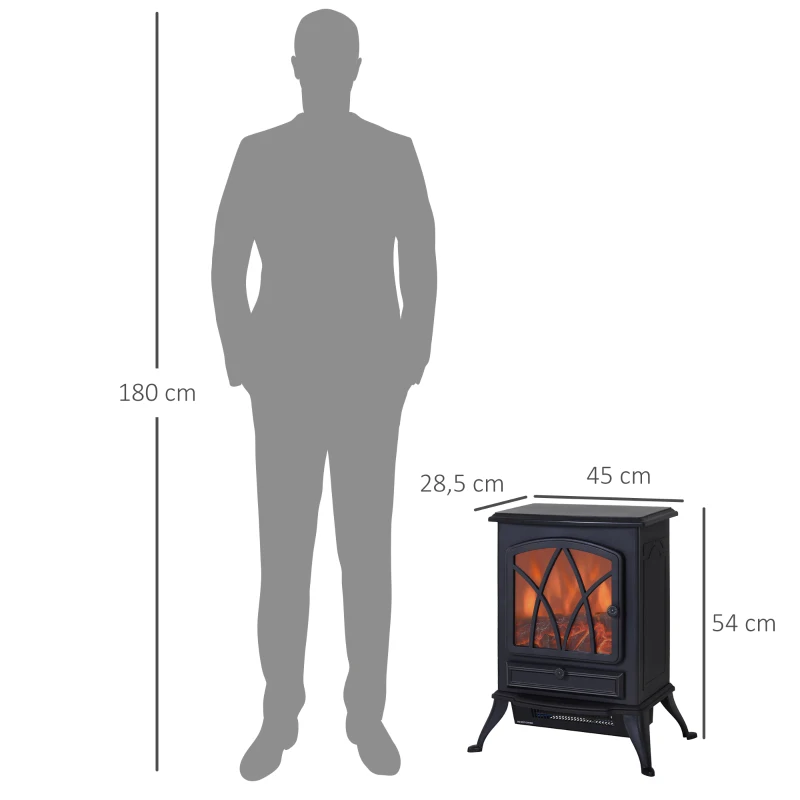 HOMCOM Lareira Elétrica Portátil Lareira Elétrica com Efeito de Chama Realista Potência 1000W/2000W 45x28,5x54cm Preto
