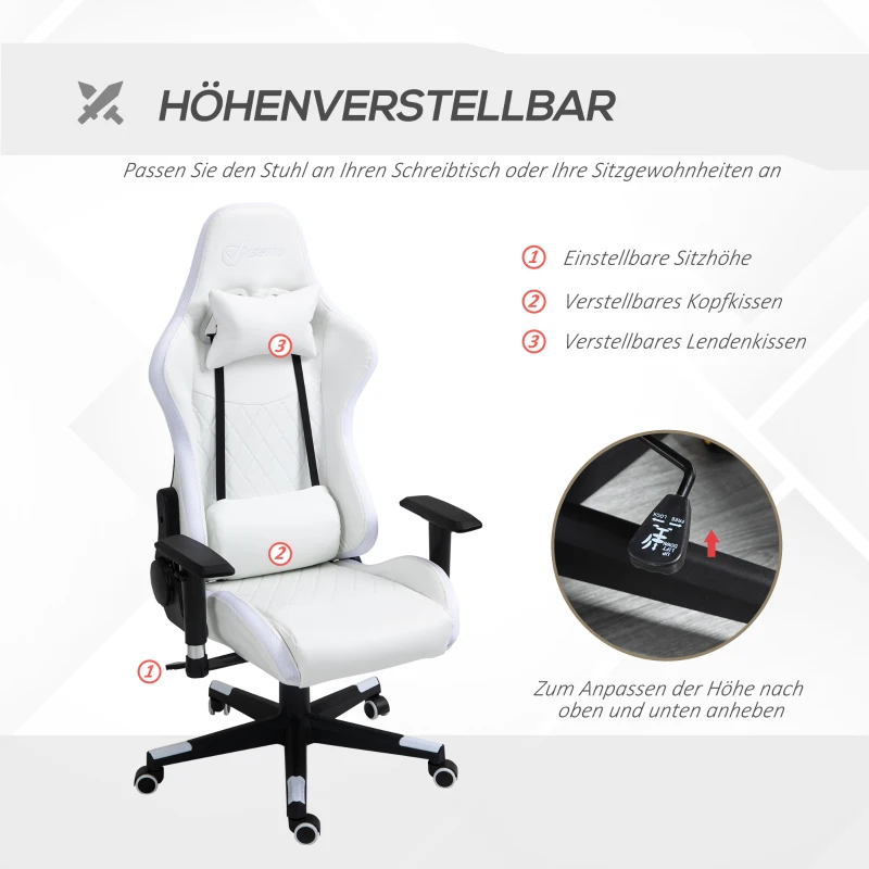 Vinsetto gamestoel met RGB led-verlichting, ergonomische bureaustoel, draaistoel met kussen, verstelbare rugleuning, kunstleer, wit + zwart, 68 x 68 x 126-136 cm