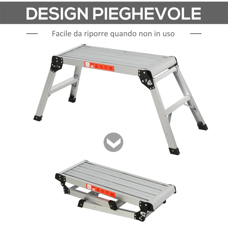 HOMCOM Piattaforma da Lavoro Pieghevole Scala Multiuso in Lega d'Alluminio 113×41×48.5cm Argento