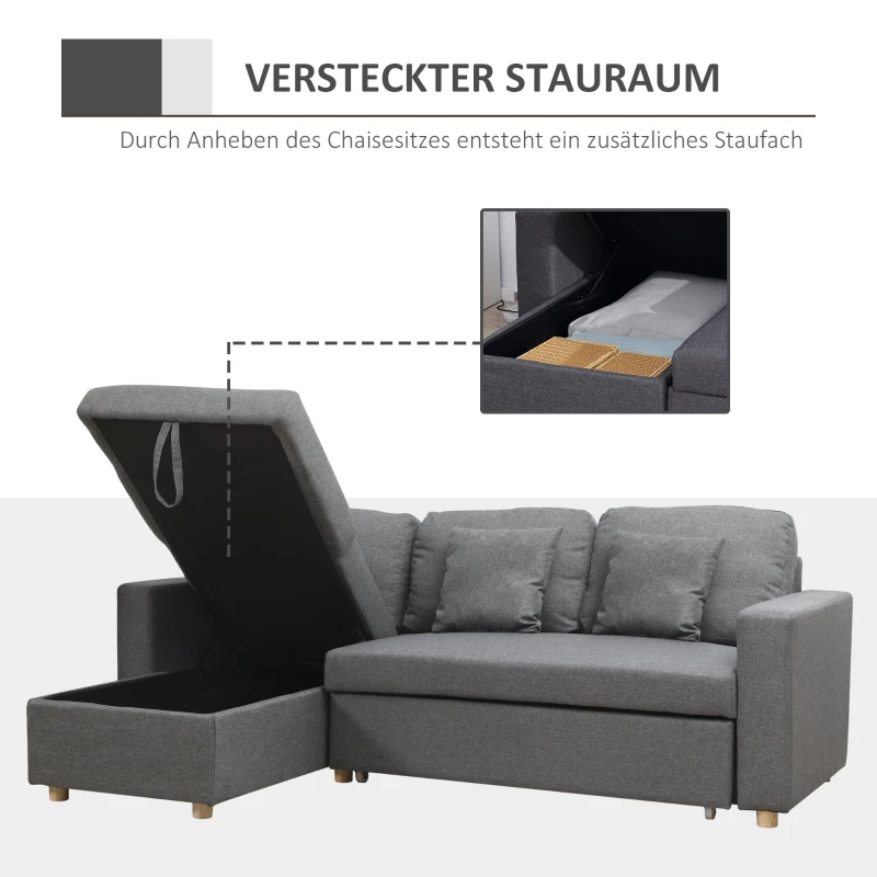HOMCOM Ecksofa, Eckcouch, Schlafsofa, ausziehbar, mit Bettfunktion, Stauraum, Leinenoptik, dunkelgrau, 228 x 148 x 88cm
