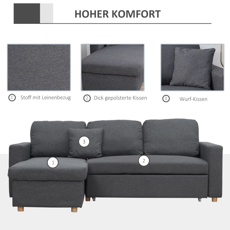 HOMCOM Ecksofa, Eckcouch, Schlafsofa, ausziehbar, mit Bettfunktion, Stauraum, Leinenoptik, dunkelgrau, 228 x 148 x 88cm