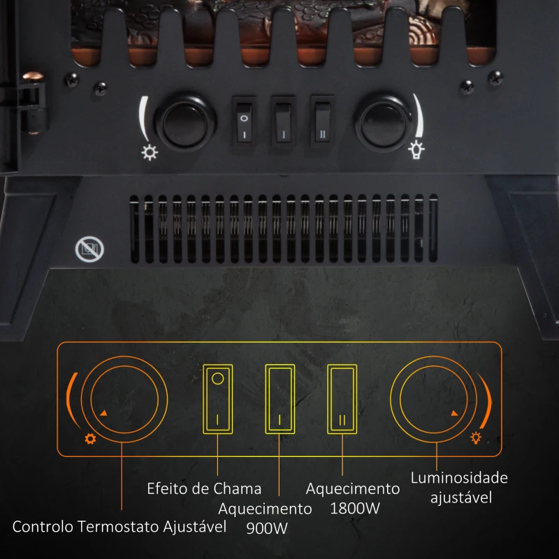 HOMCOM Lareira Elétrica com Efeito de Chama Realista Potência 900W/1800W para Ambientes entre 18-24m² 36x25,5x41,5cm Preto