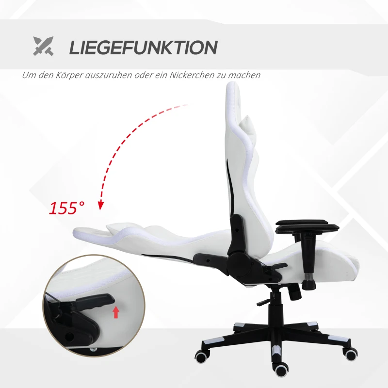 Vinsetto gamestoel met RGB led-verlichting, ergonomische bureaustoel, draaistoel met kussen, verstelbare rugleuning, kunstleer, wit + zwart, 68 x 68 x 126-136 cm