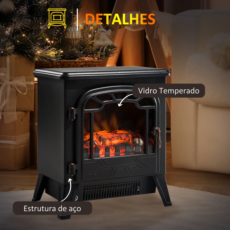 HOMCOM Lareira Elétrica com Efeito de Chama Realista Potência 900W/1800W para Ambientes entre 18-24m² 36x25,5x41,5cm Preto