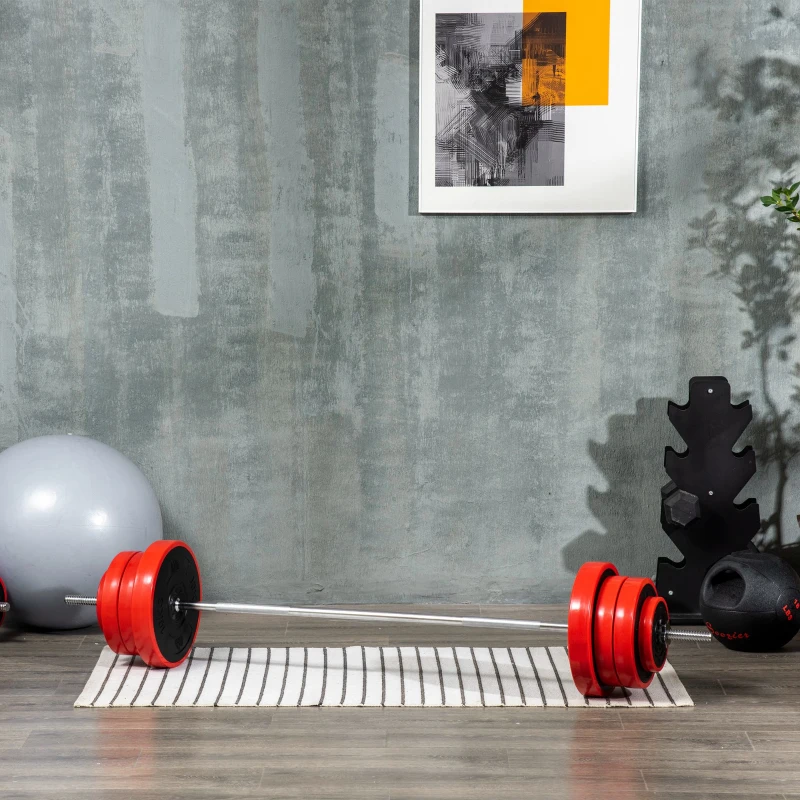 HOMCOM Langhantel, 50 kg, rutschfester Griff, 8 Hantelscheiben, gummierter Rand, Eisen, rot, 170 x 33 x 33cm