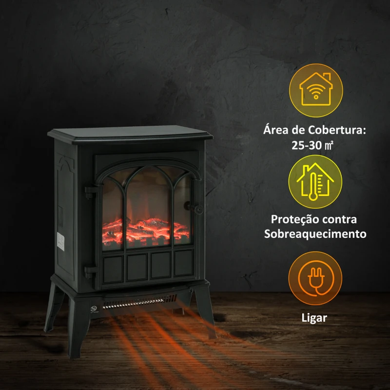 HOMCOM Lareira Elétrica Portátil 1000/2000W com Efeito de Chama Realista e Proteção Contra Superaquecimento 41,5x28x54 Preto